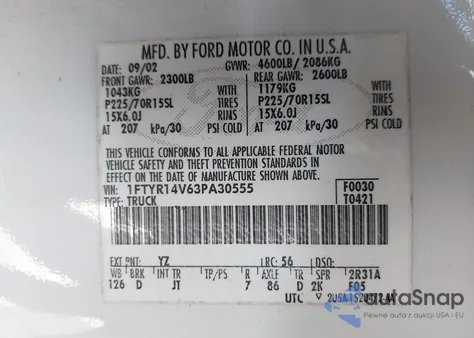 2003 Ford Ranger Edge/Tremor/Xl/Xlt из США, поврежденный, VIN 1FTYR14V63PA30555